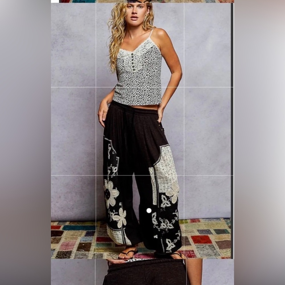 POL Black and Cream Wide Leg Pants with Floral Accents(new without tags $